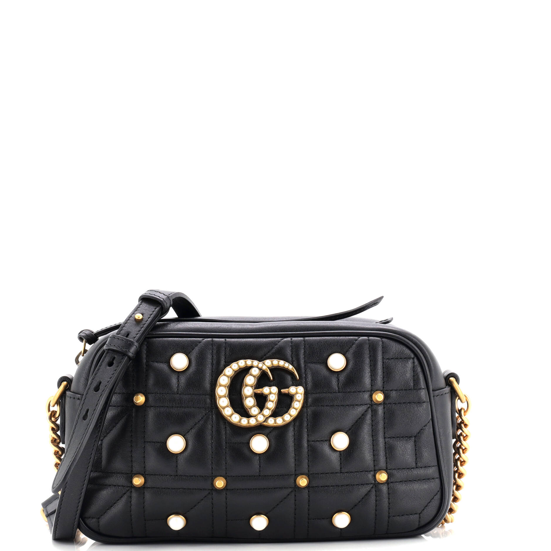 Pearly GG Marmont Shoulder Bag Embellished Matelasse Leather Small