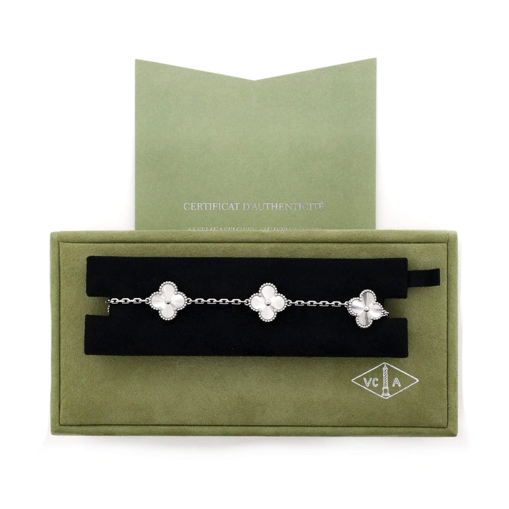 Vintage Alhambra 5 Motifs Bracelet Guilloche 18K White Gold