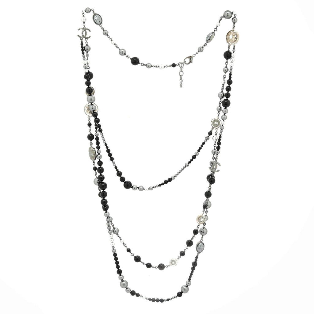 CC Triple Strand Necklace Metal and Faux Pearls with Beads