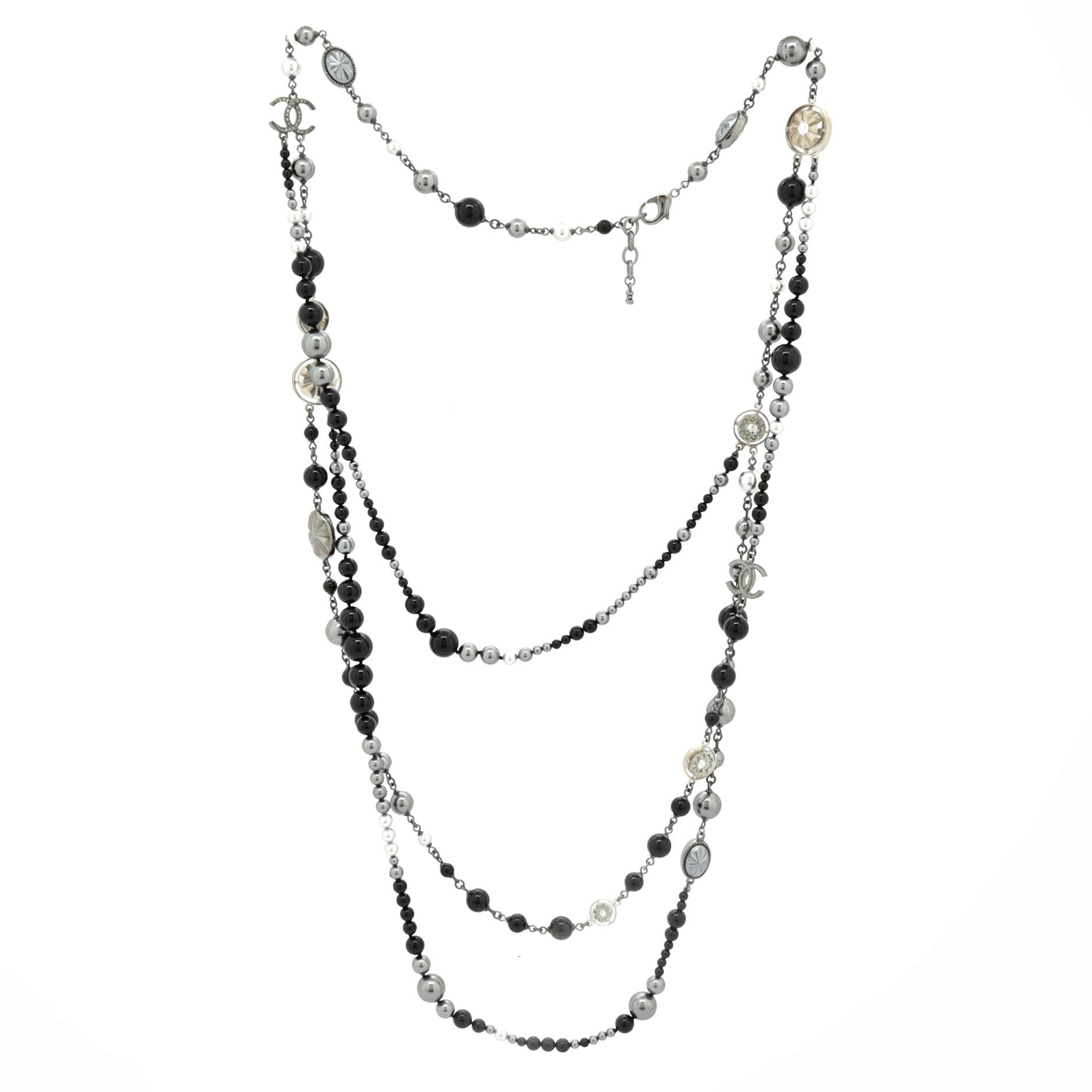 CC Triple Strand Necklace Metal and Faux Pearls with Beads