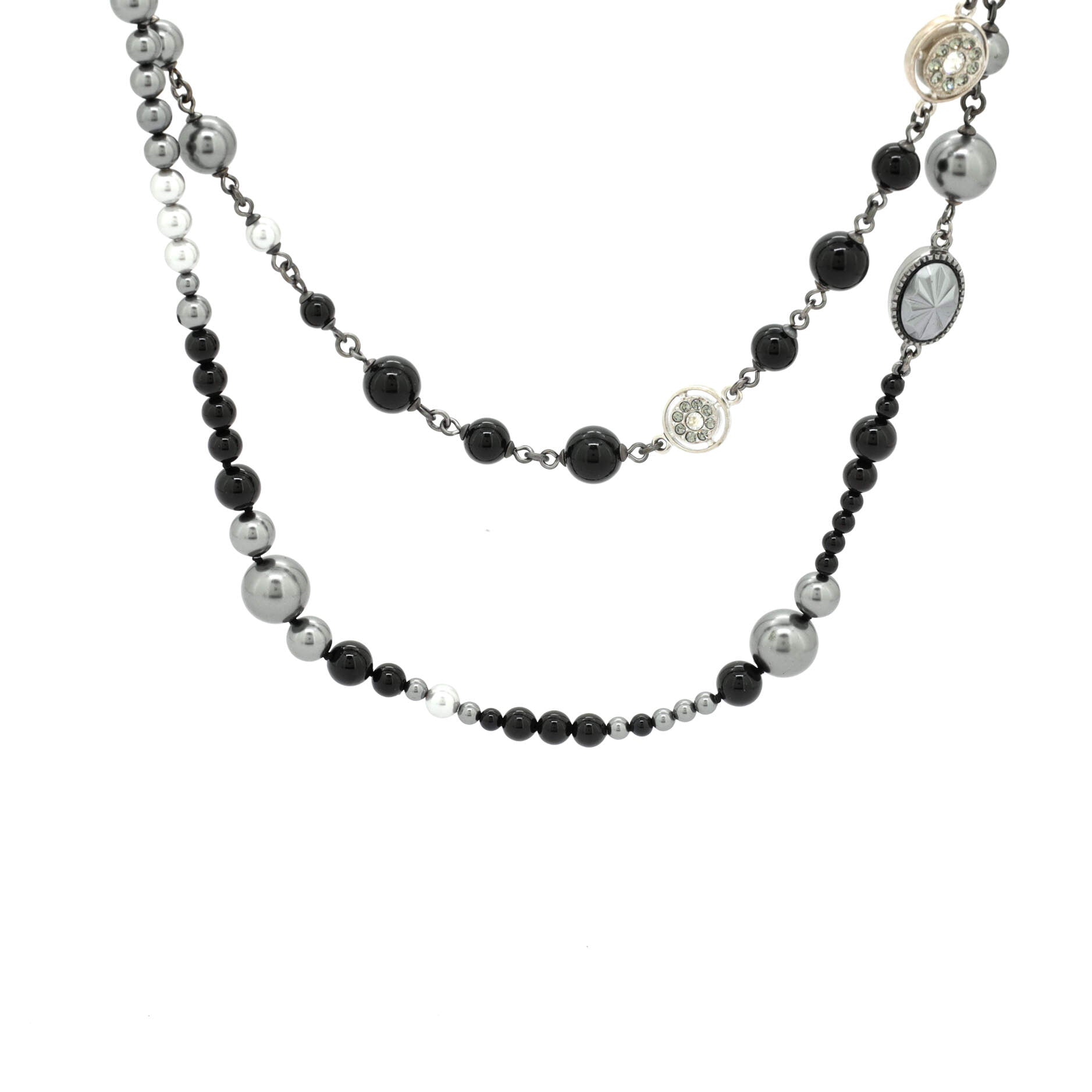 CC Triple Strand Necklace Metal and Faux Pearls with Beads