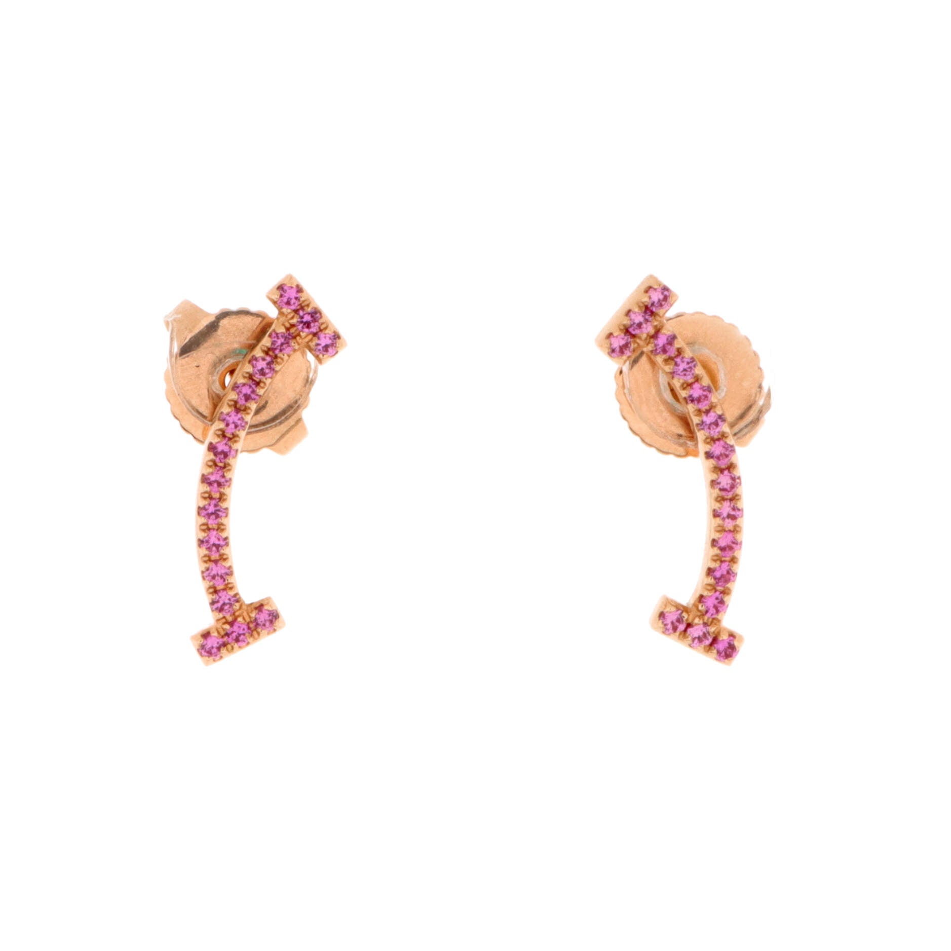 T Smile Stud Earrings 18K Rose Gold and Pink Sapphires