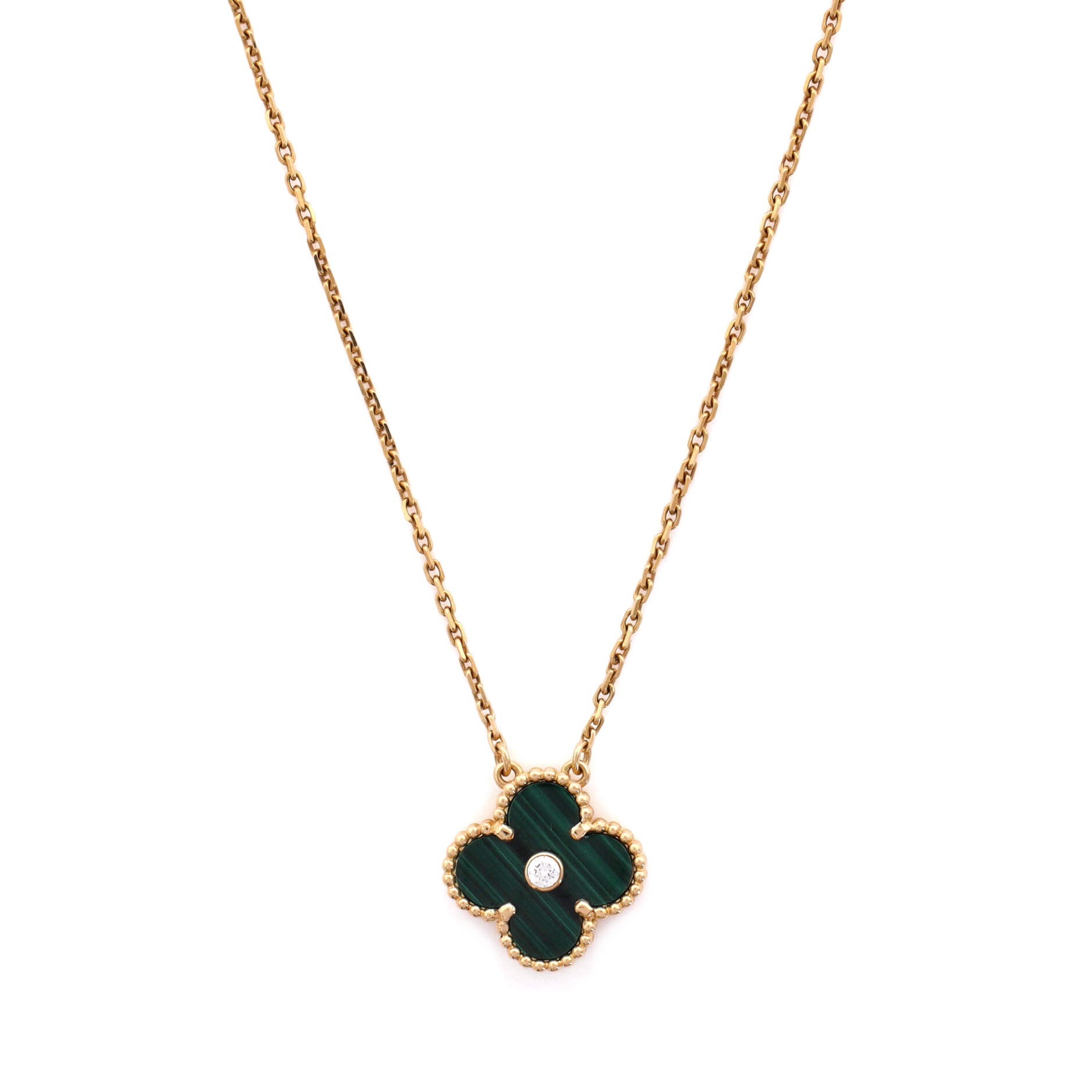 Vintage Alhambra Pendant Necklace 18K Yellow Gold and Malachite with Diamond