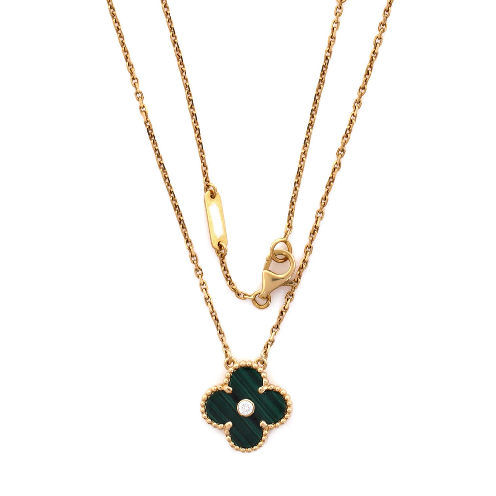 Vintage Alhambra Pendant Necklace 18K Yellow Gold and Malachite with Diamond