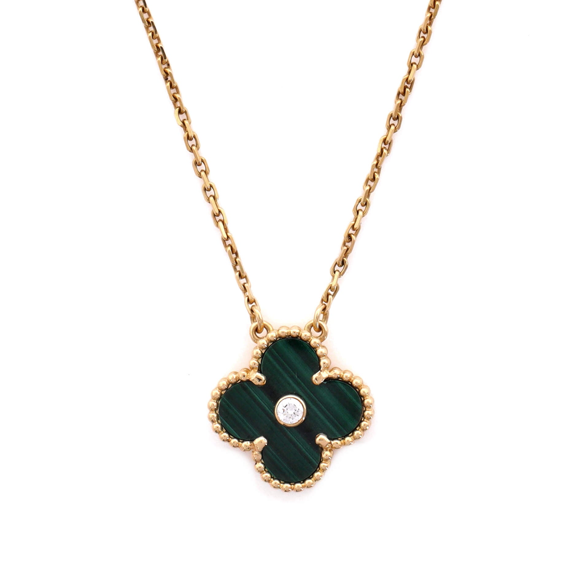 Vintage Alhambra Pendant Necklace 18K Yellow Gold and Malachite with Diamond