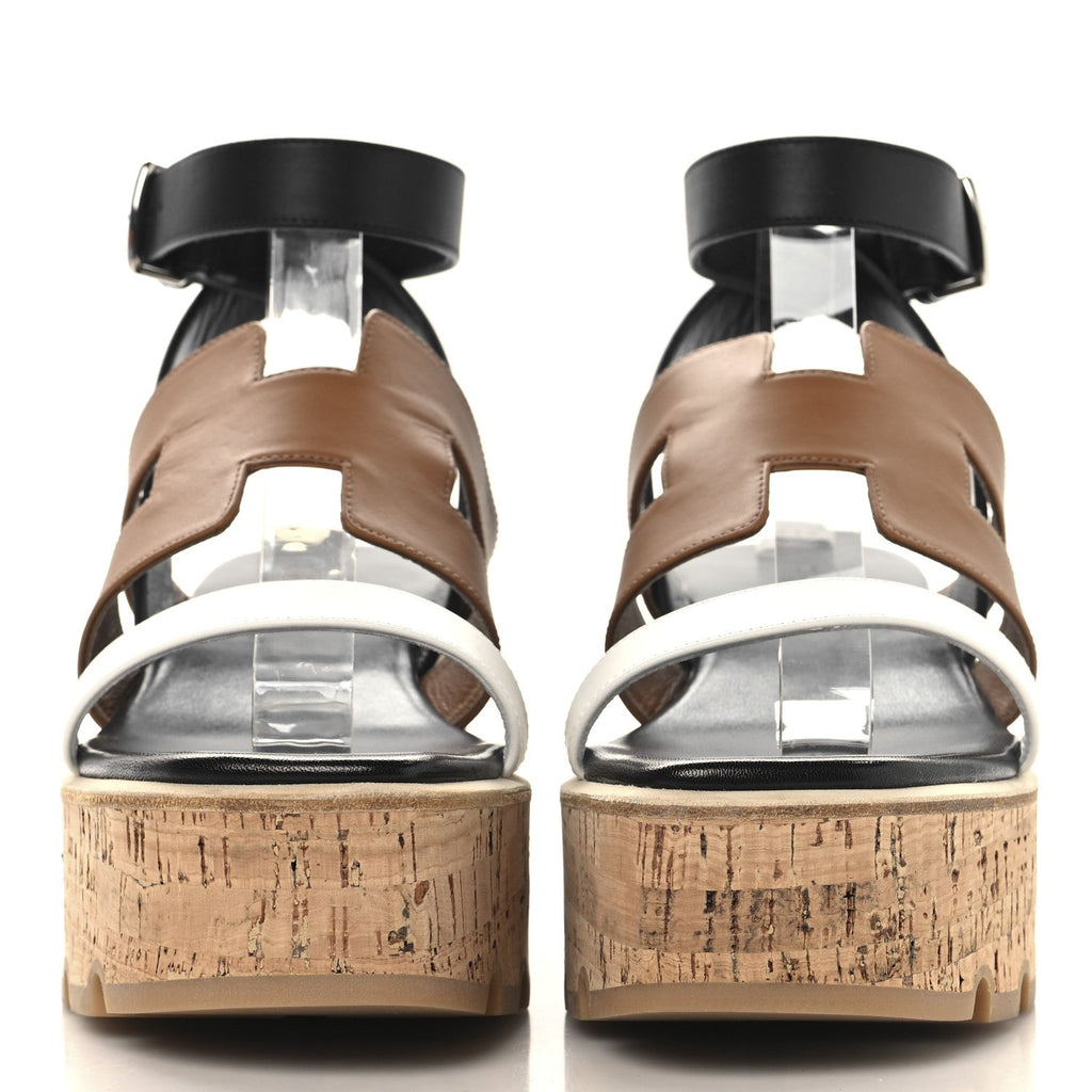 Calfskin Cork Havane 30 Wedge Sandals 38 Black Gold White