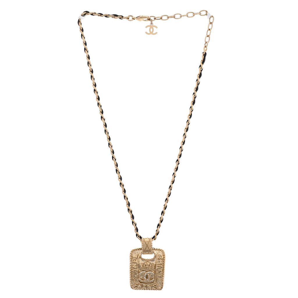 CC Logo Medallion Chain Pendant Necklace Metal with Crystals and Leather