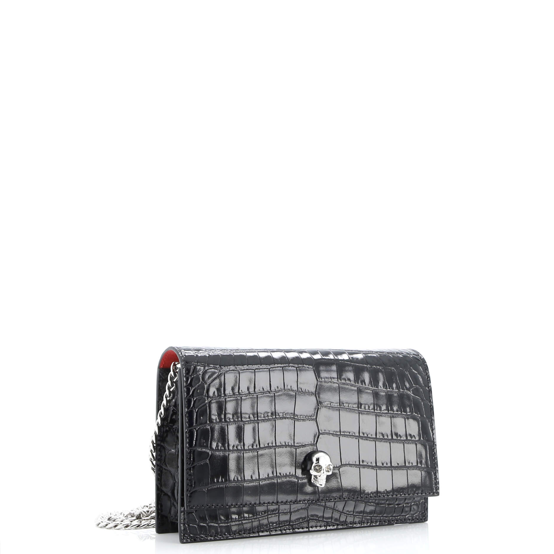 Skull Chain Crossbody Bag Crocodile Embossed Leather Mini
