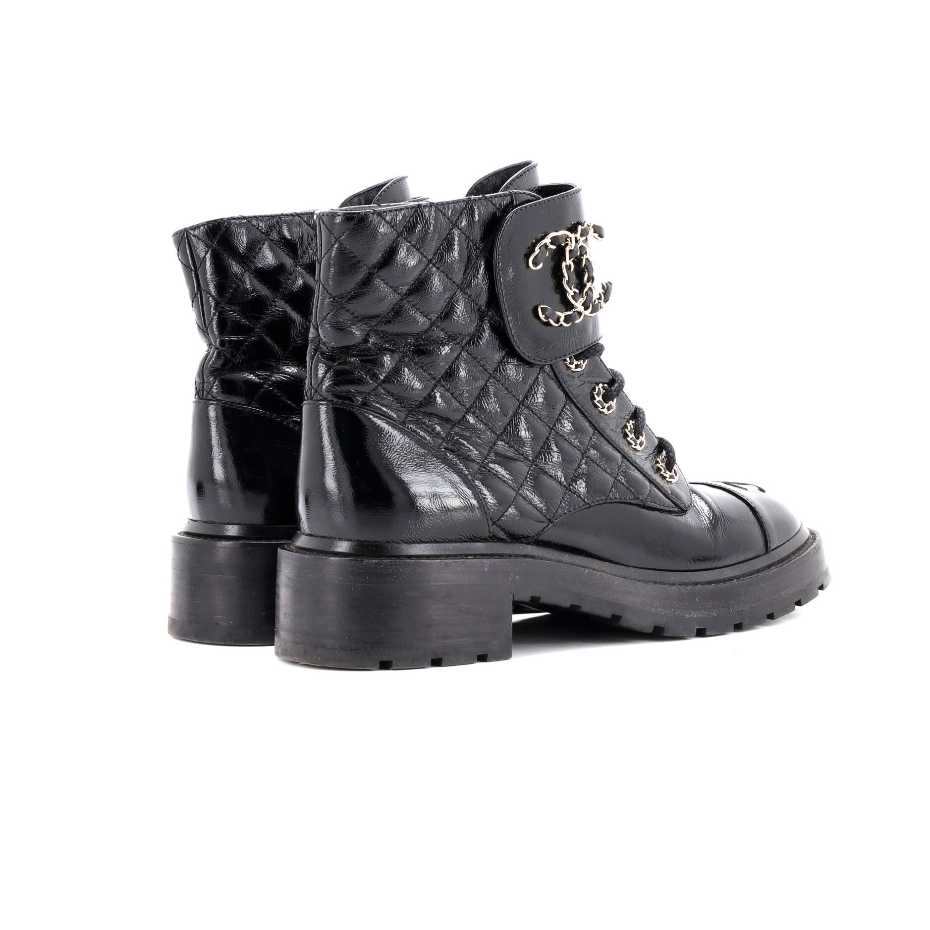 Women's Chain CC Cap Toe Lace Up Combat Boots Quilted Shiny Calfskin