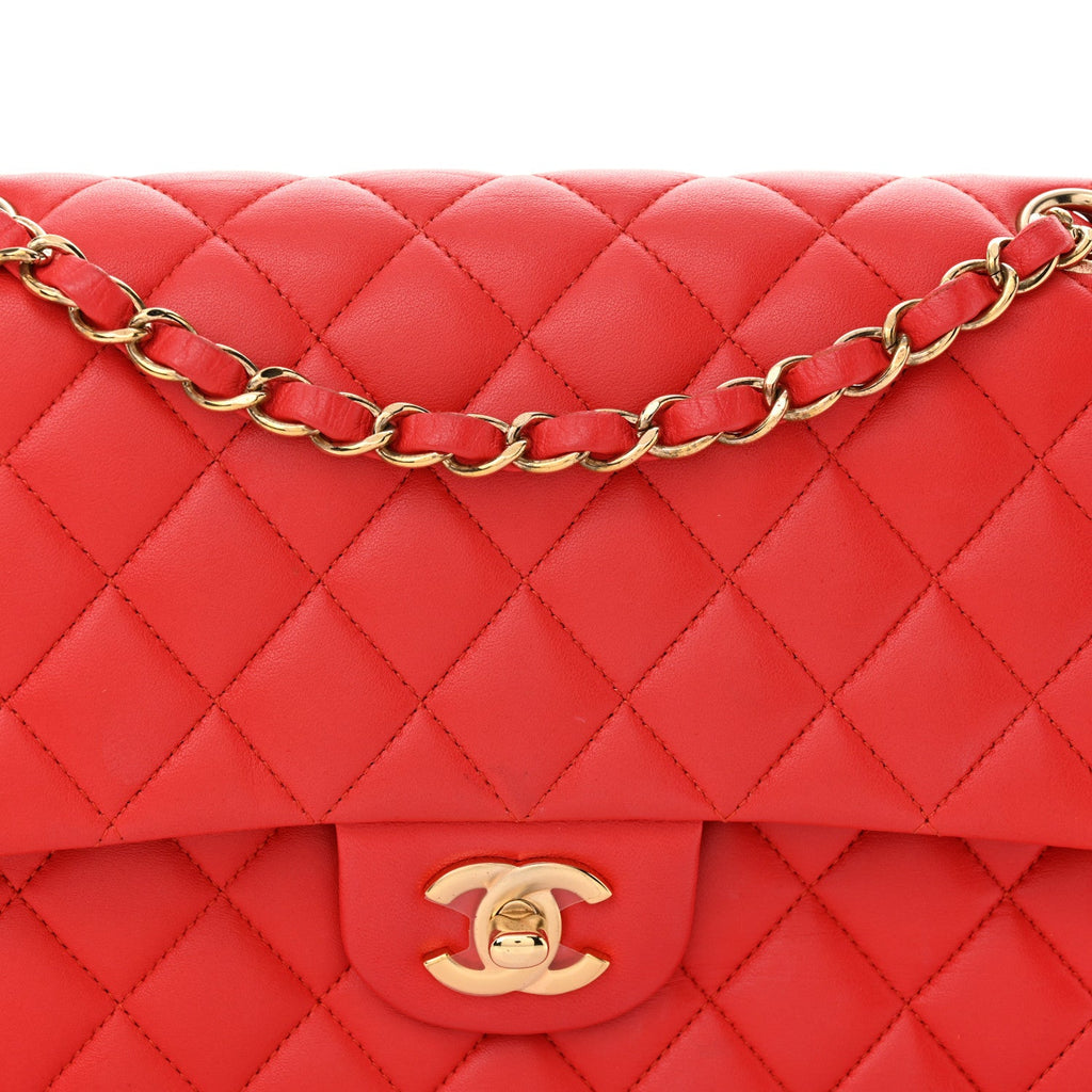 Lambskin Quilted Medium Double Flap Red