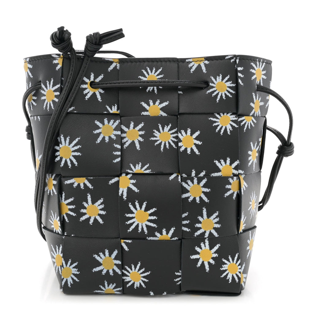 Nappa Maxi Intrecciato Daisy Print Small Cassette Bucket Bag Black White Yellow