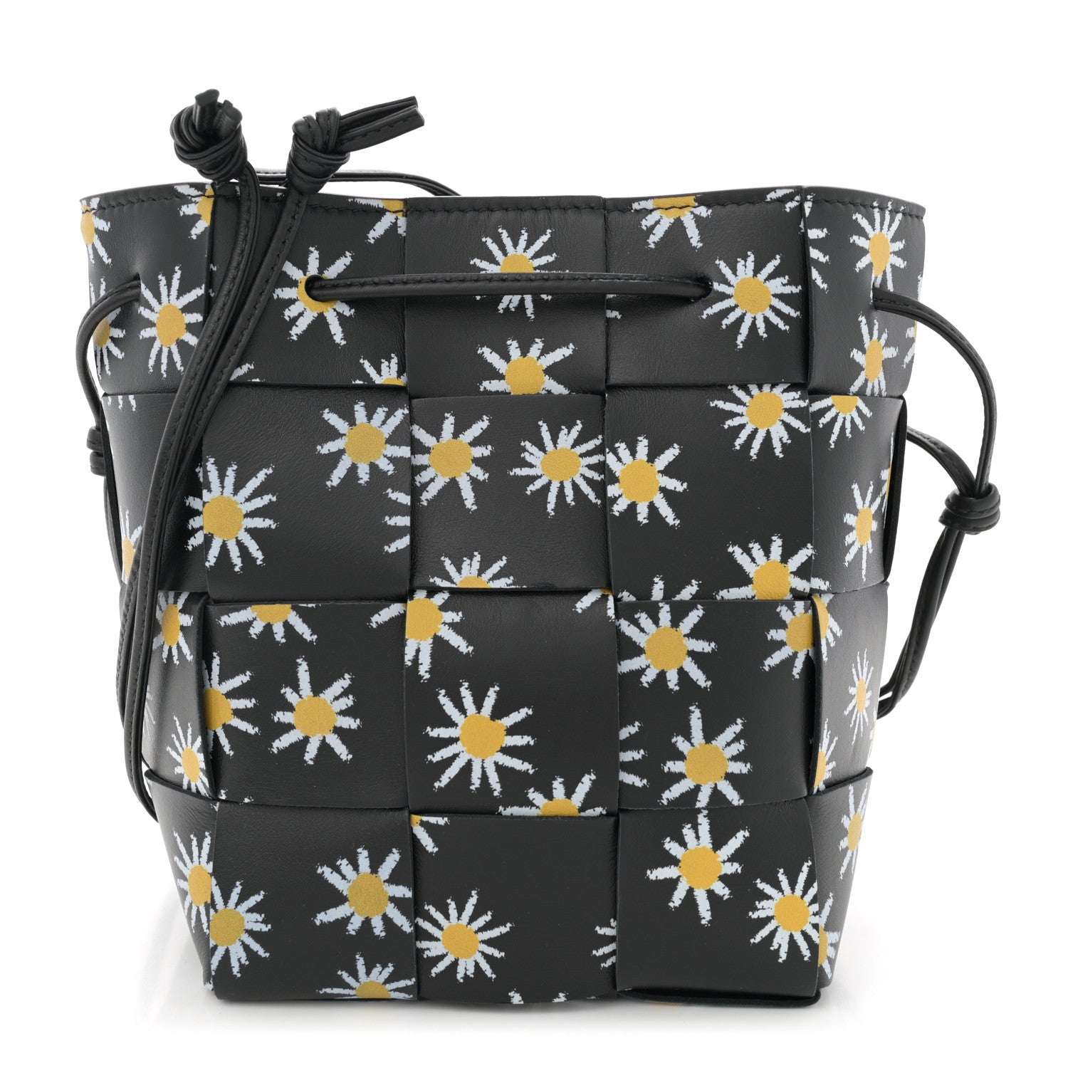 Nappa Maxi Intrecciato Daisy Print Small Cassette Bucket Bag Black White Yellow