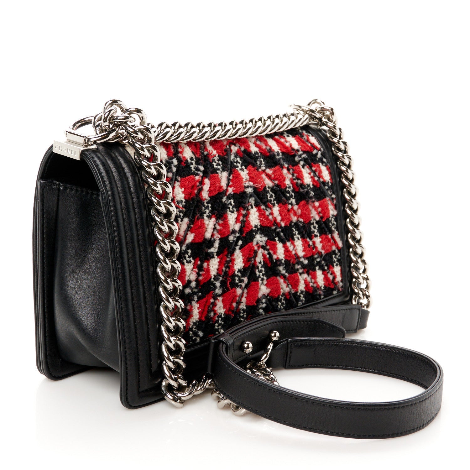 Lambskin Tweed Woven Medium Chevron Boy Flap Red White Black
