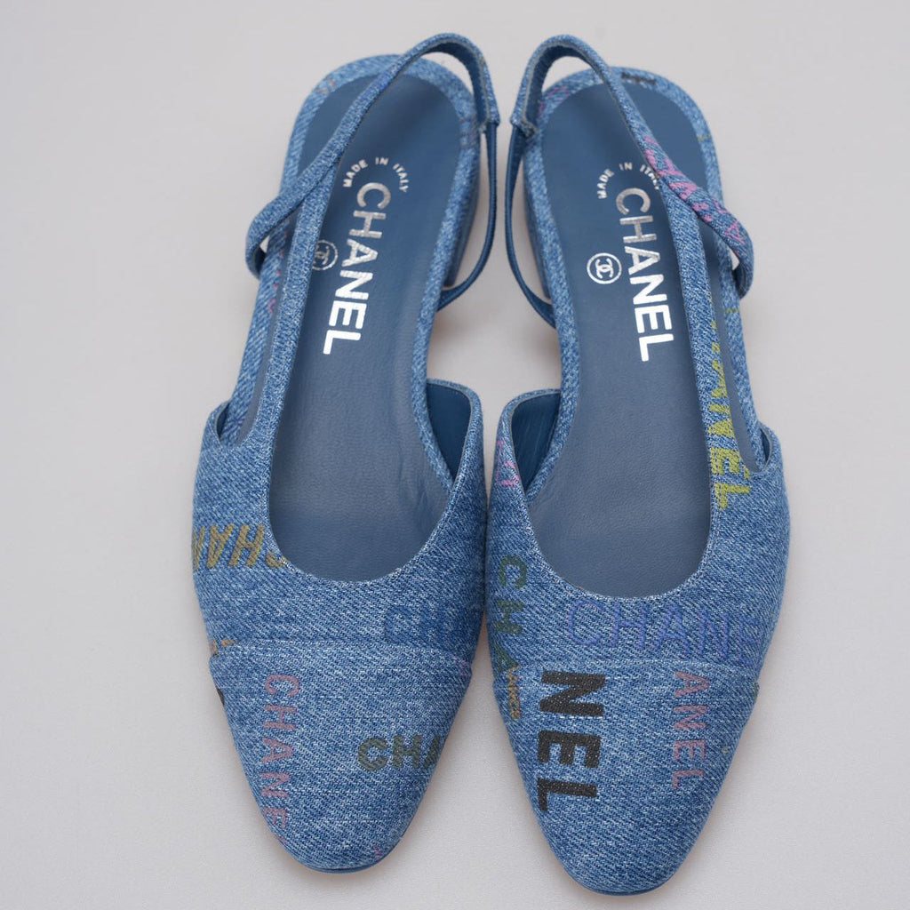 Chanel Denim Slingback Flats Cap Toe CC Light Blue Multicolor size 36.5