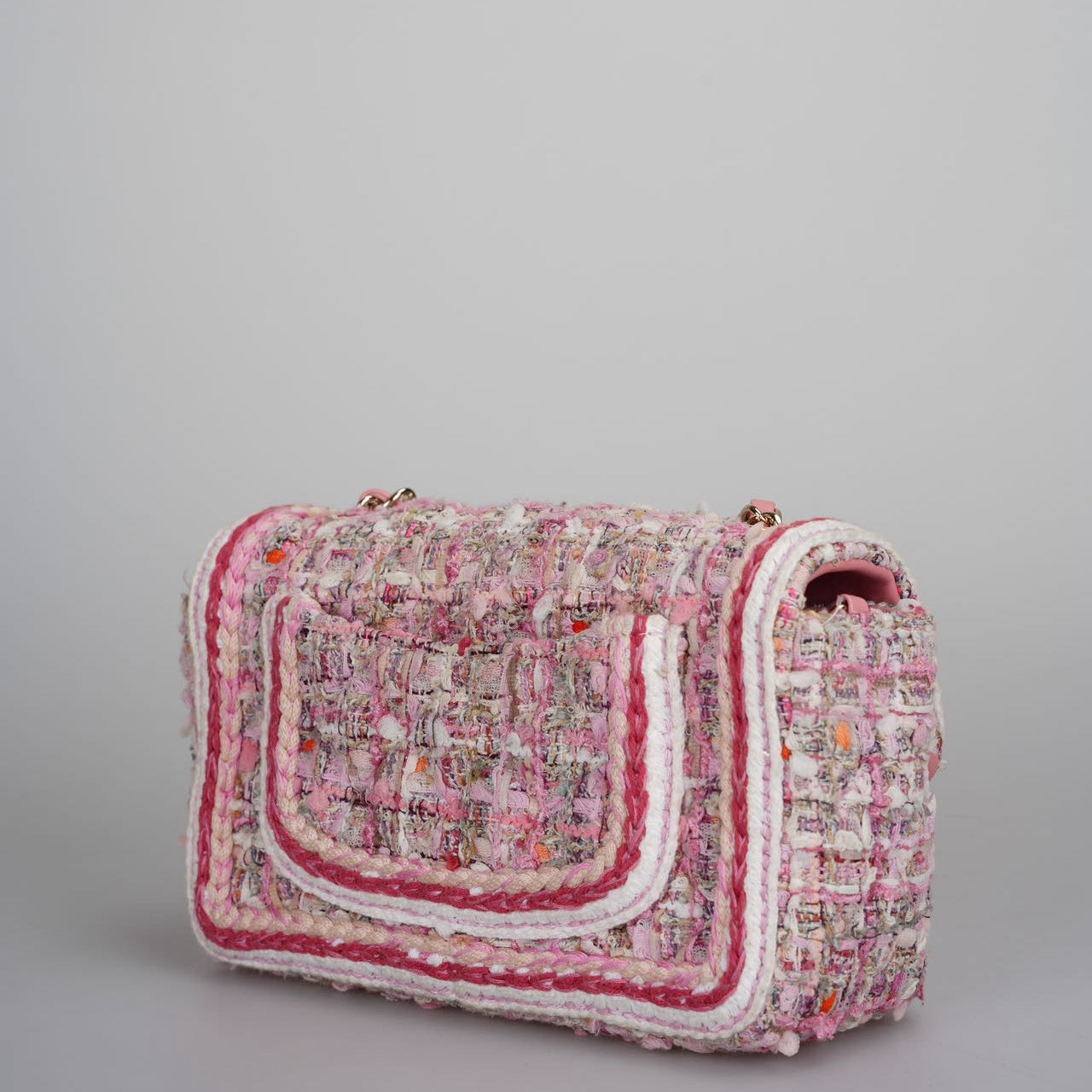 Chanel Tweed Classic Mini Flap Rectangle Bag in White and Pink with Gold Hardware