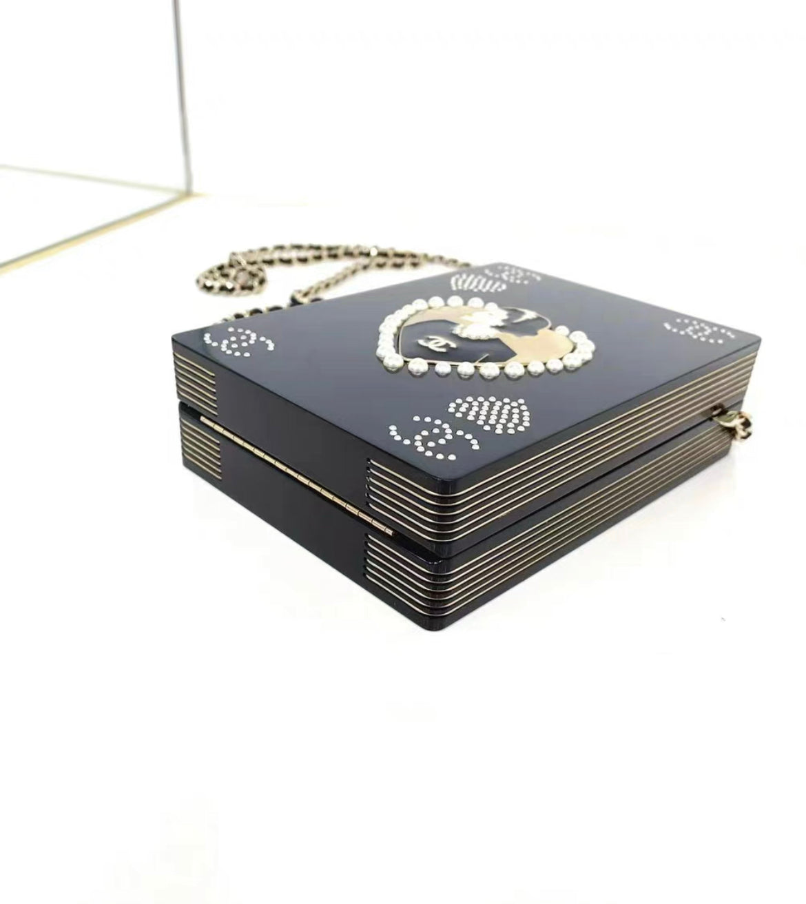 CHANEL Plexiglass Pearl Playing  Casino Minaudiere Clutch Black Gold