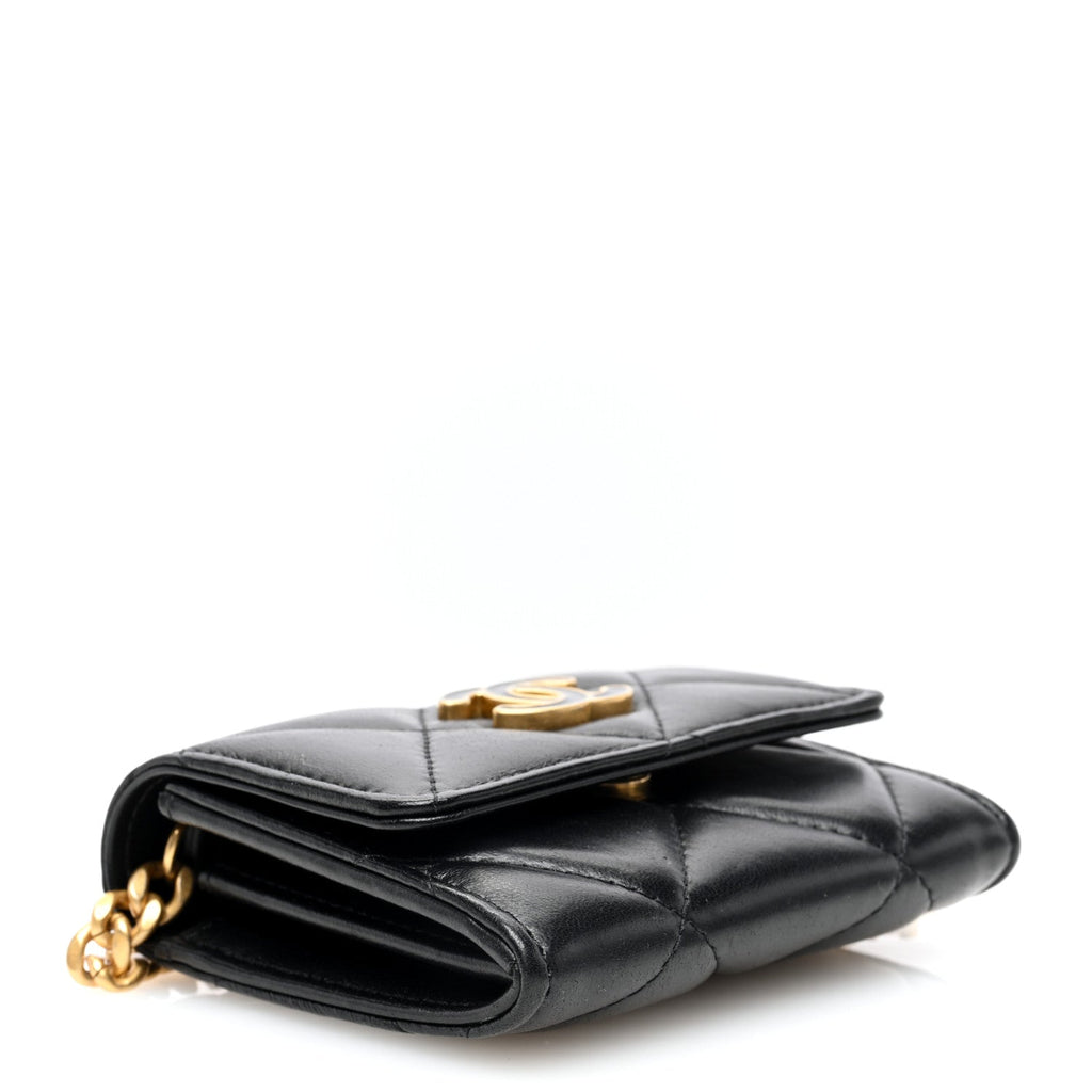Lambskin Enamel Quilted Pending CC  Holder On Chain Black
