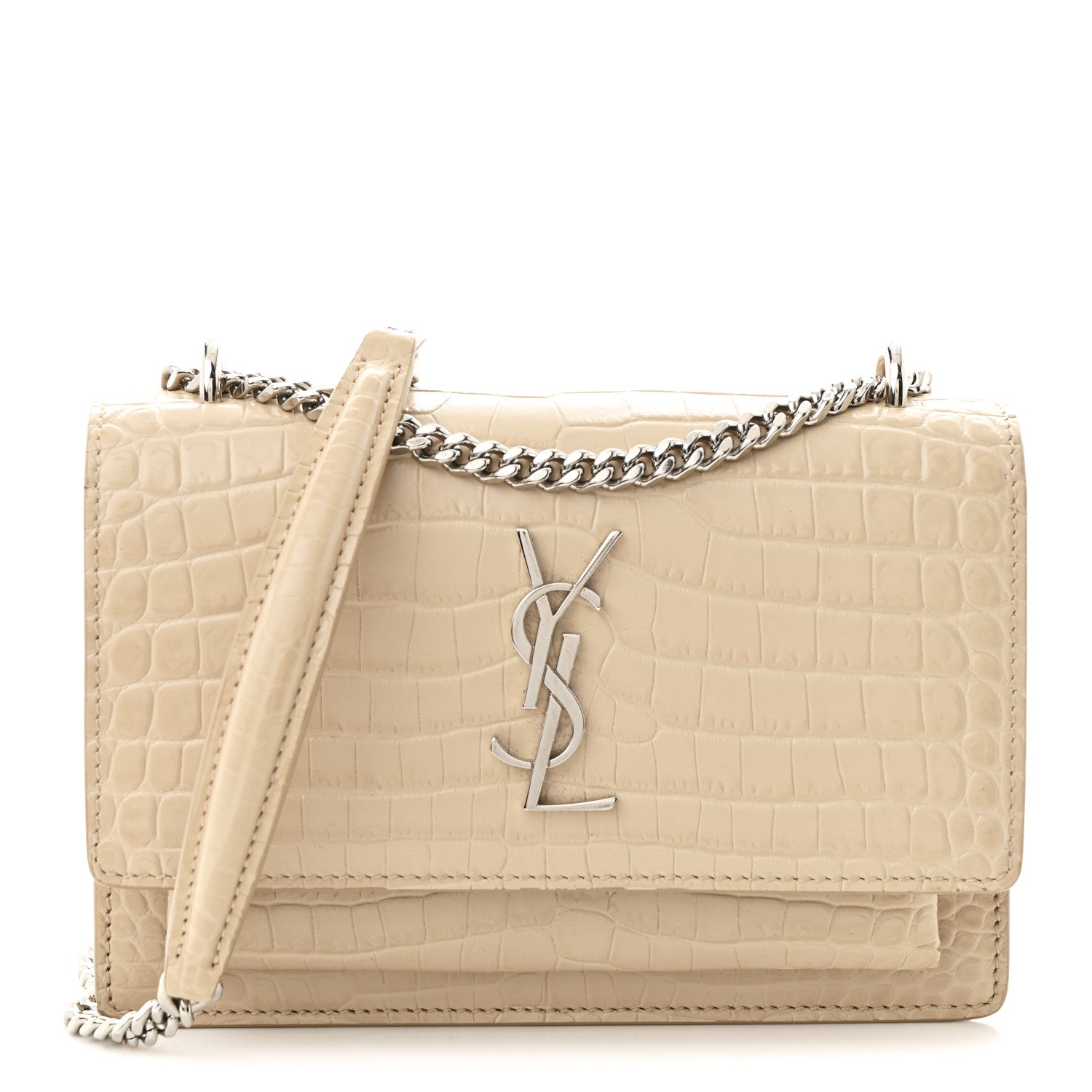 Calfskin Crocodile Embossed Monogram Sunset Chain Wallet Dark Beige