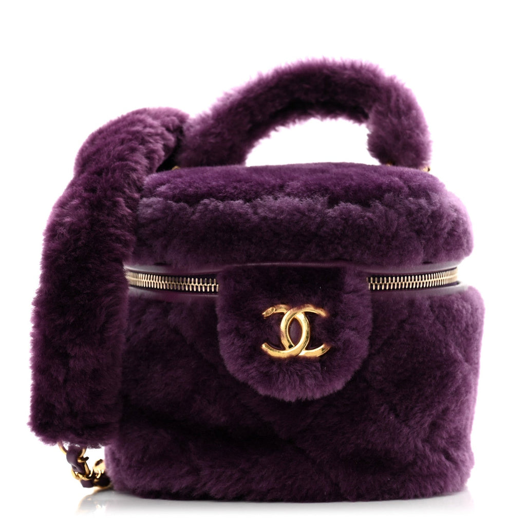 Shearling Lambskin Quilted Small Vanity Case Purple