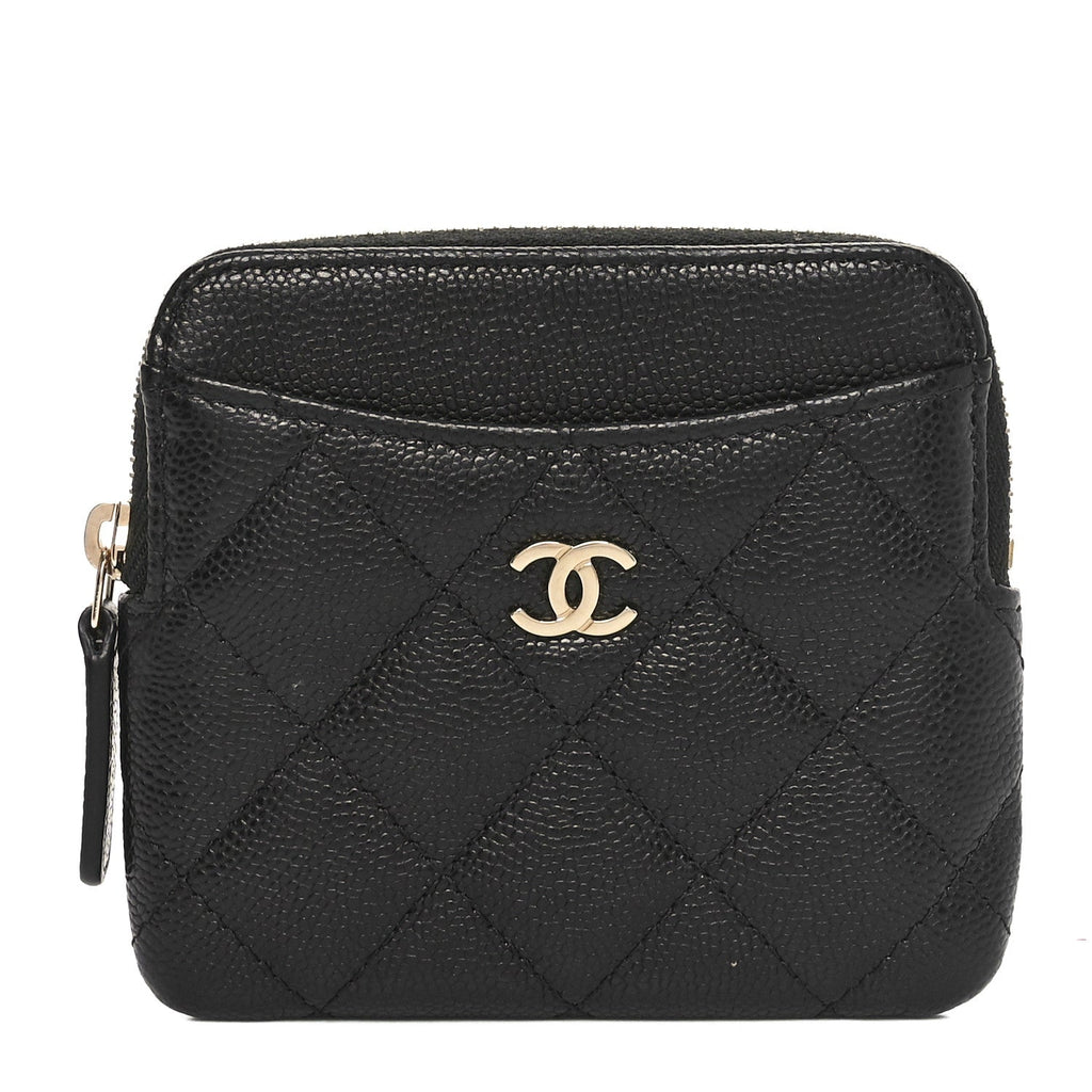 Caviar Quilted Zip  Holder Wallet Black