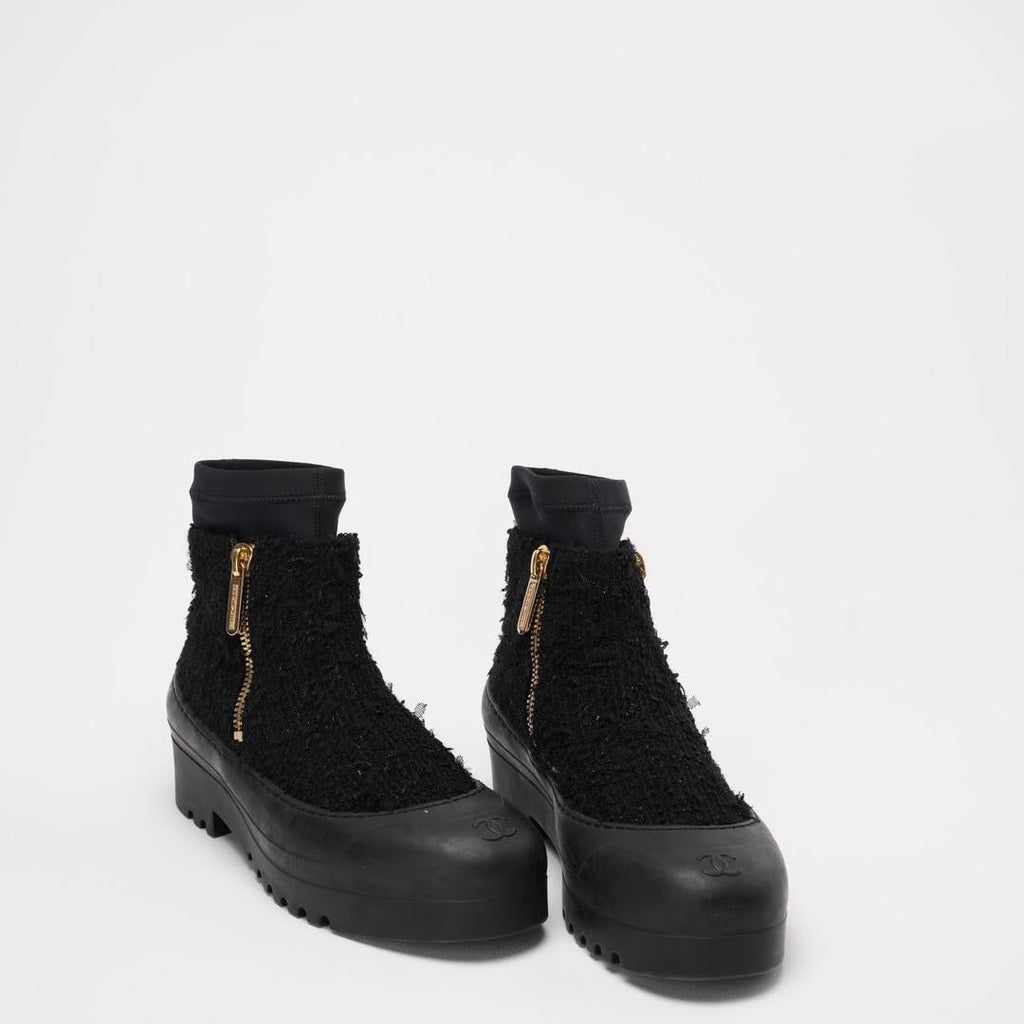 Chanel Black Tweed Rubber CC Short Boots Size 40