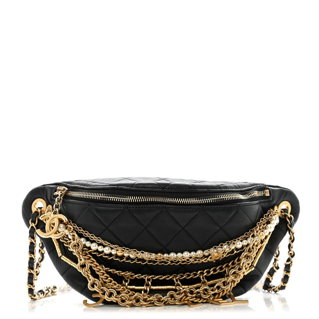 Lambskin Quilted All About Chains Waist Belt Bag Black