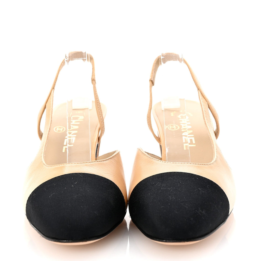Goatskin Grosgrain Cap Toe CC Slingback Pumps 37 Beige Black