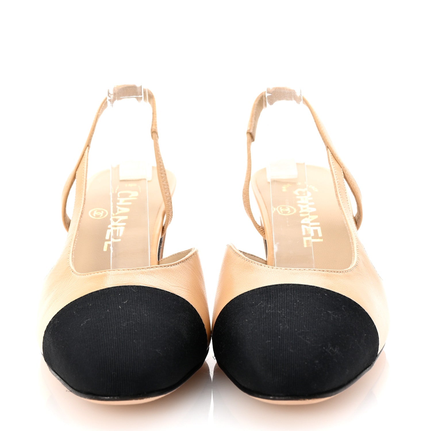 Goatskin Grosgrain Cap Toe CC Slingback Pumps 37 Beige Black