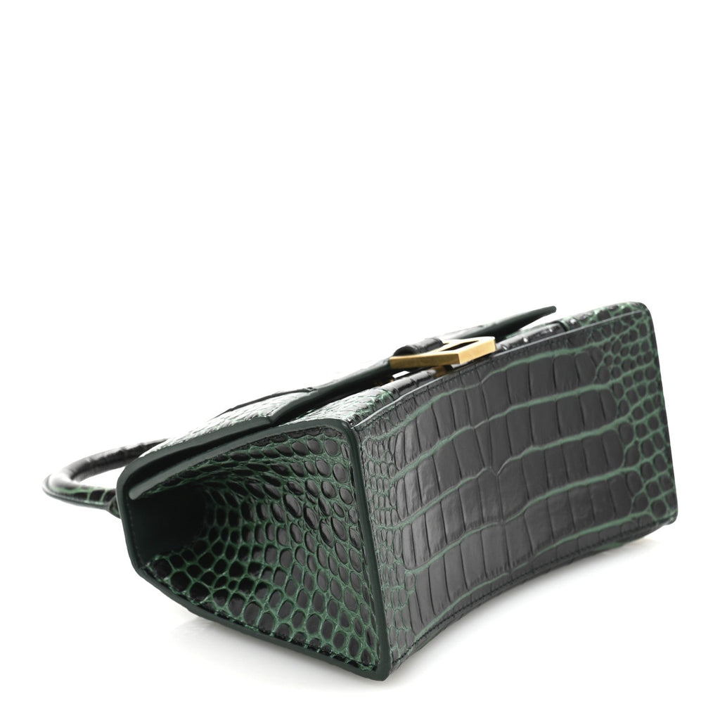 Shiny Calfskin Crocodile Embossed Small Hourglass Top Handle Bag Forest Green