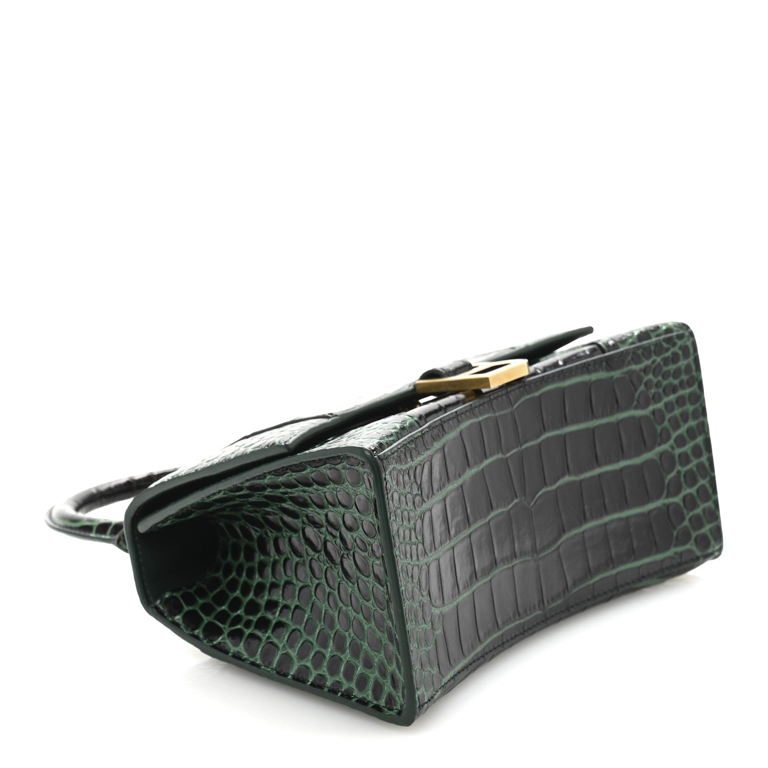 Shiny Calfskin Crocodile Embossed Small Hourglass Top Handle Bag Forest Green