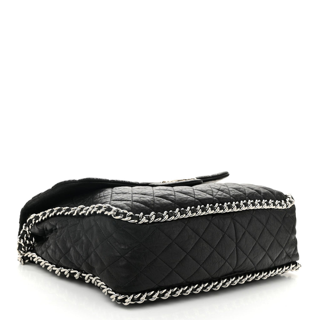 Washed Lambskin Quilted Maxi Chain Around Flap Black