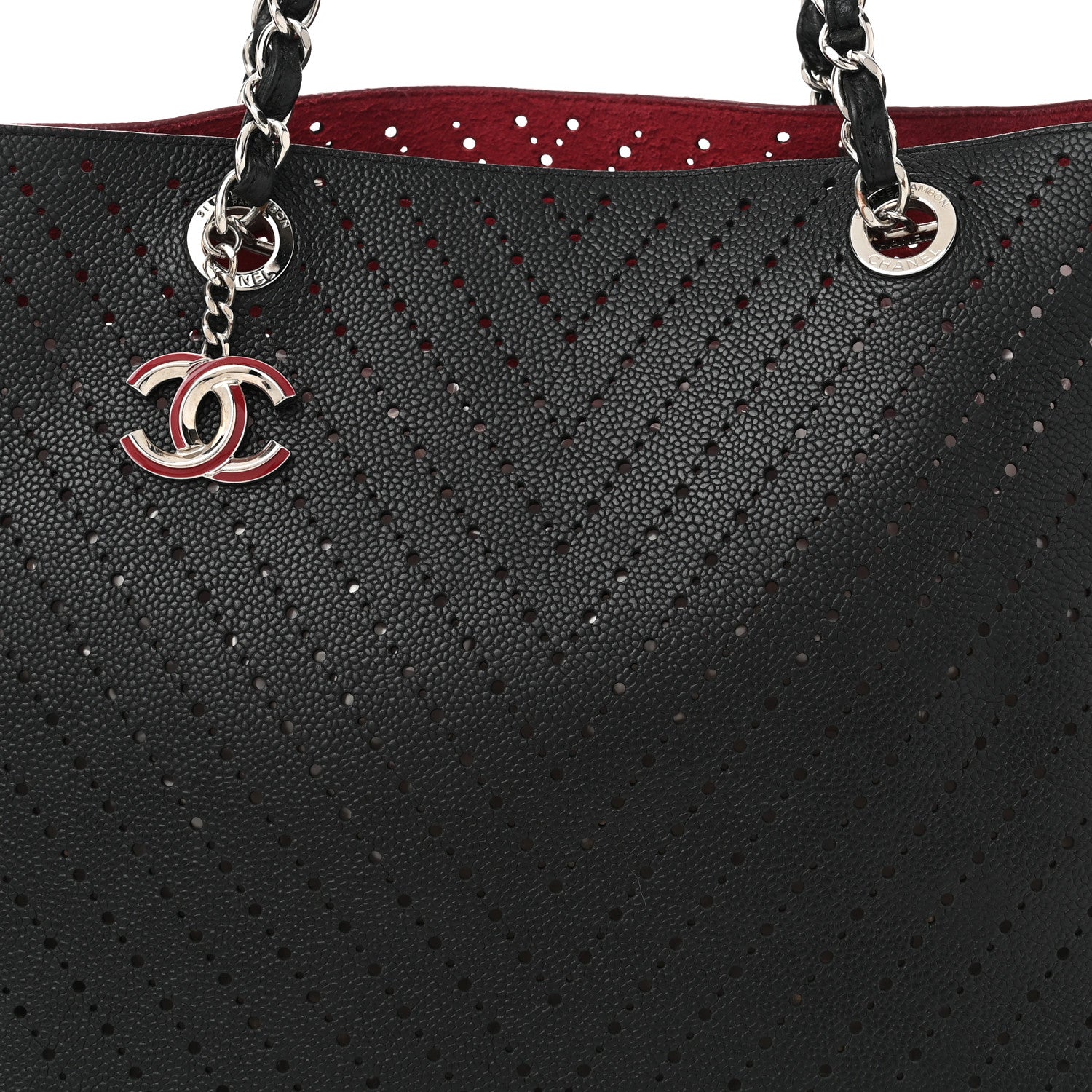 Perforated Grained Calfskin Large Shopping Tote Black