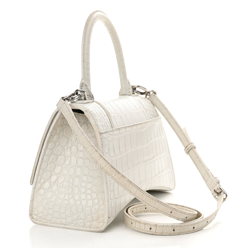 Calfskin Crocodile Embossed Small Hourglass Top Handle Bag White