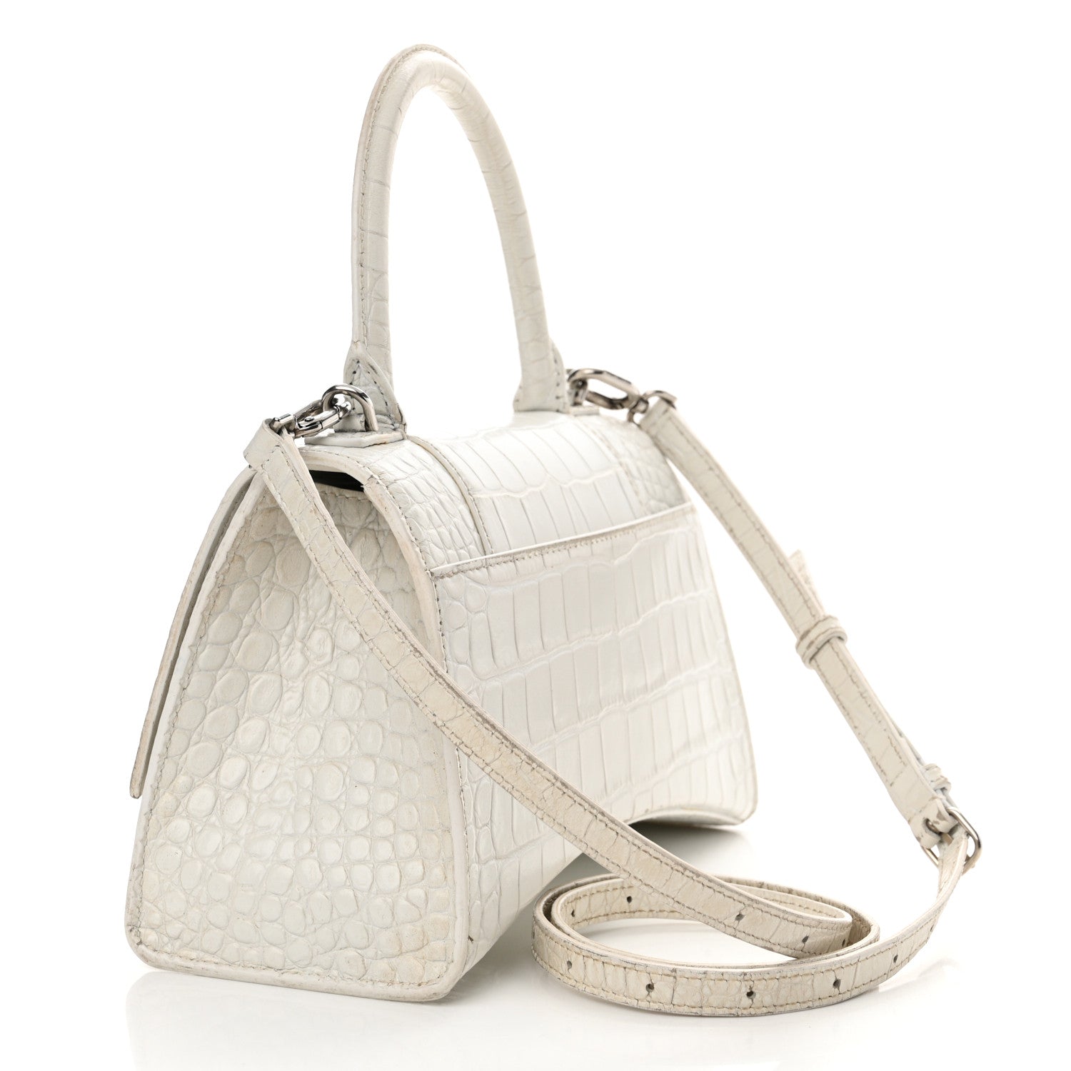 Calfskin Crocodile Embossed Small Hourglass Top Handle Bag White