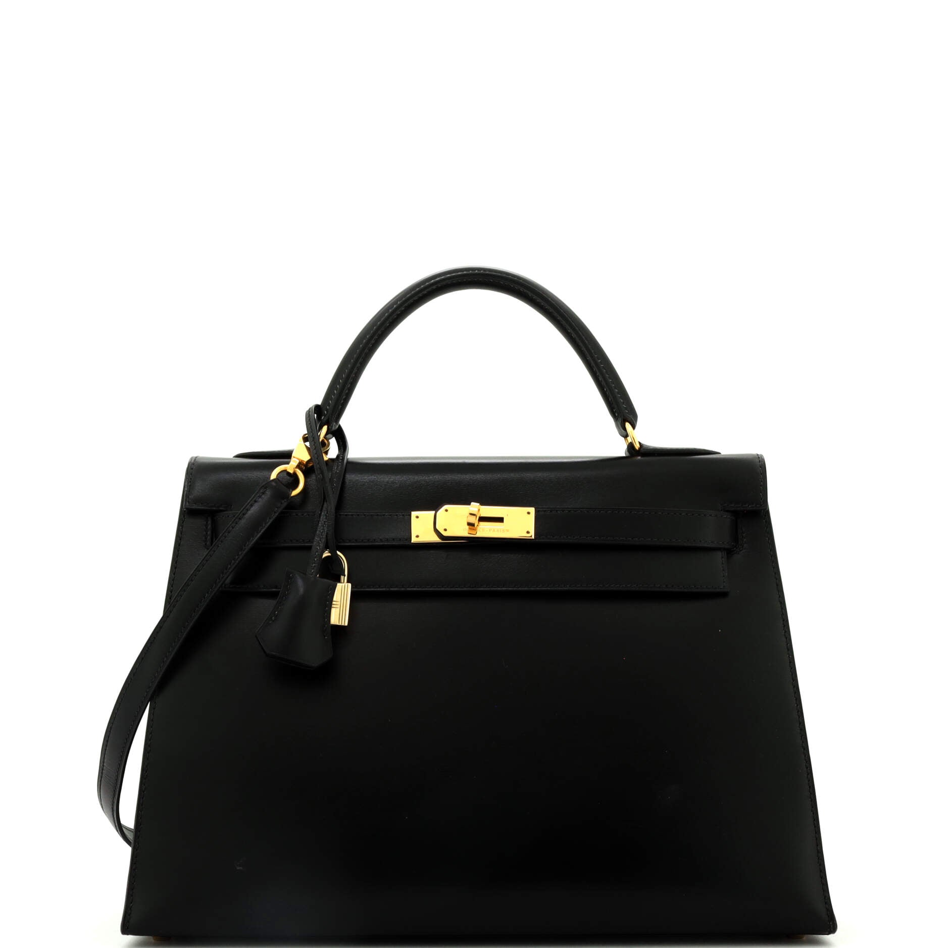 Kelly Handbag Noir Box Calf with Gold Hardware 32