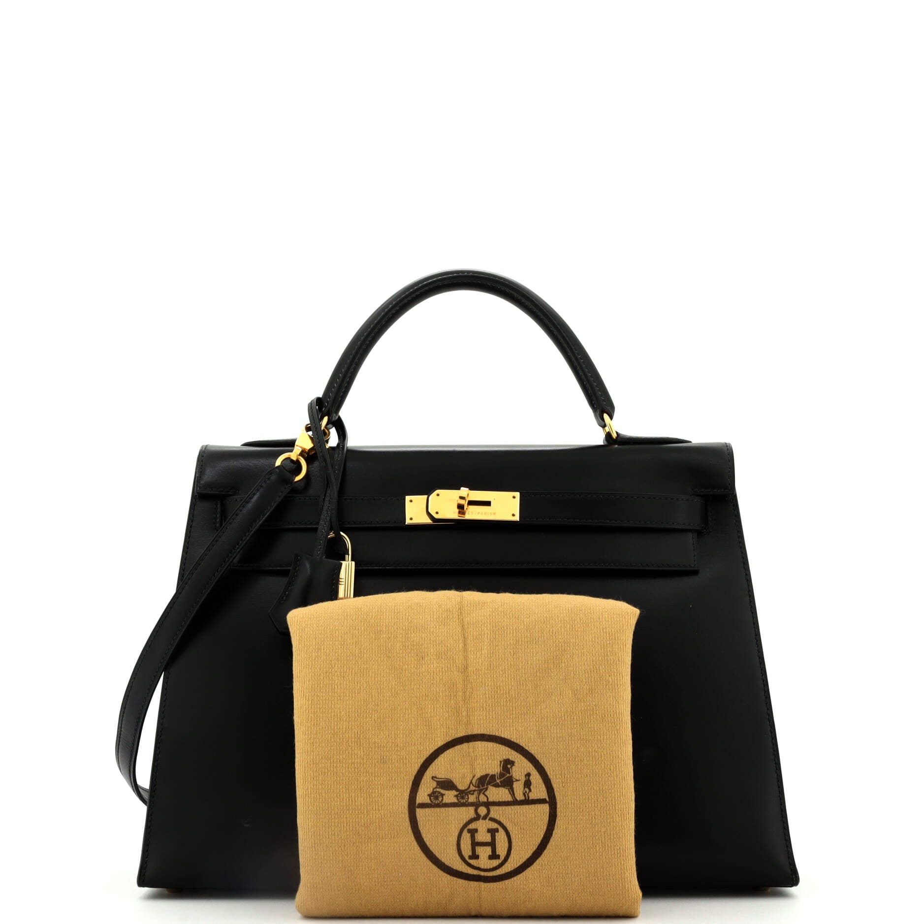 Kelly Handbag Noir Box Calf with Gold Hardware 32