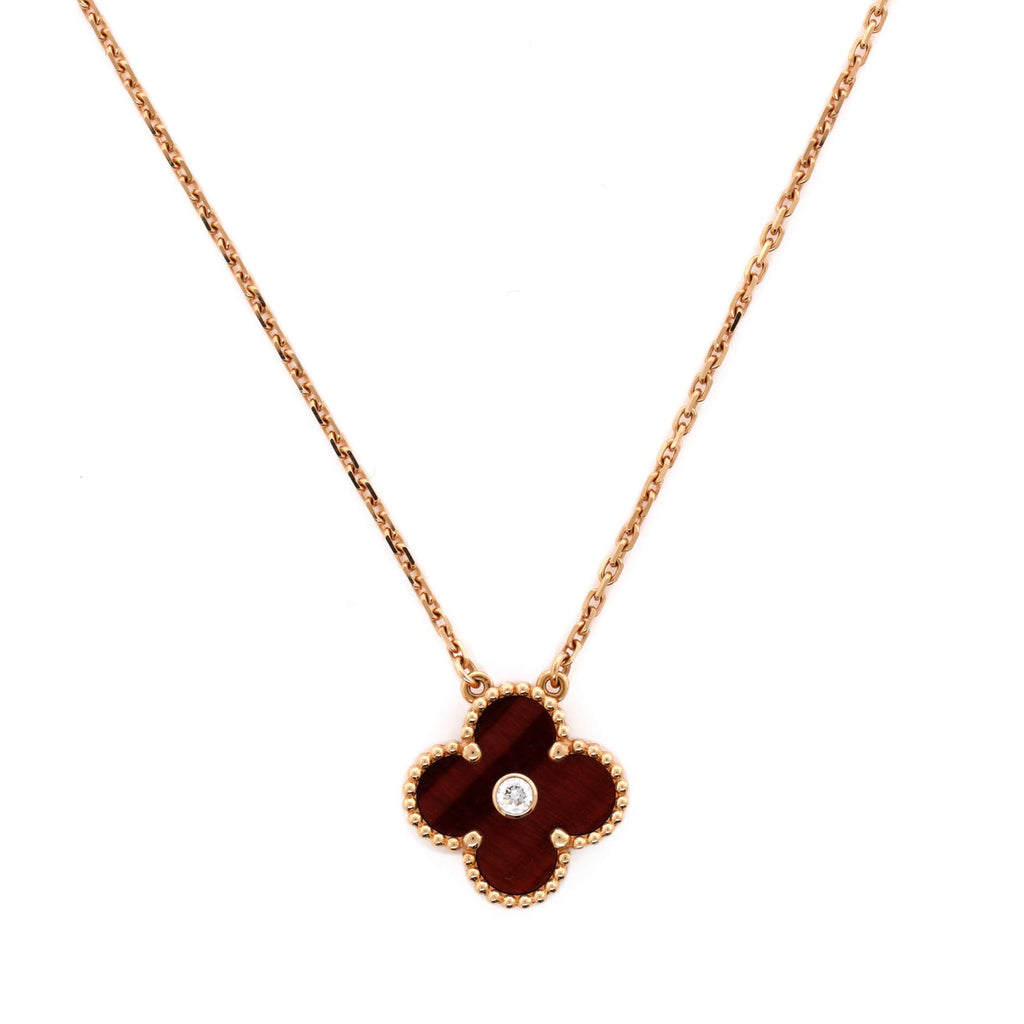 Vintage Alhambra Pendant Necklace 18K Rose Gold and Tiger Eye with Diamond