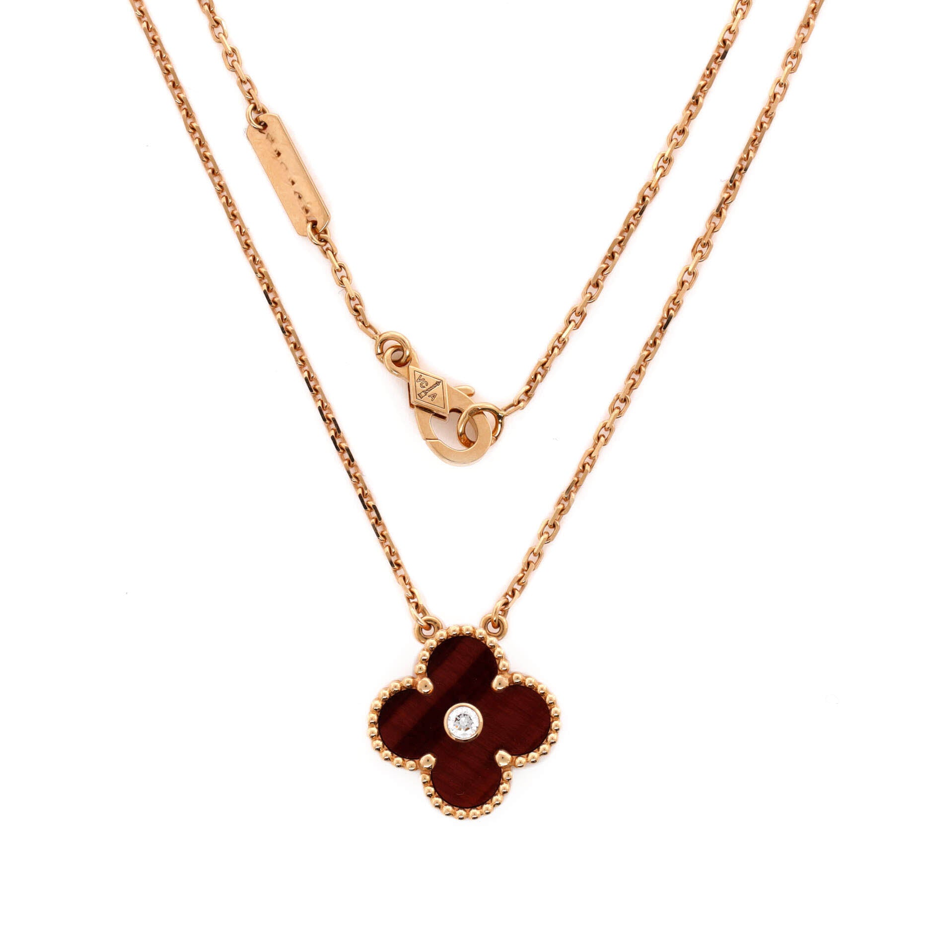 Vintage Alhambra Pendant Necklace 18K Rose Gold and Tiger Eye with Diamond