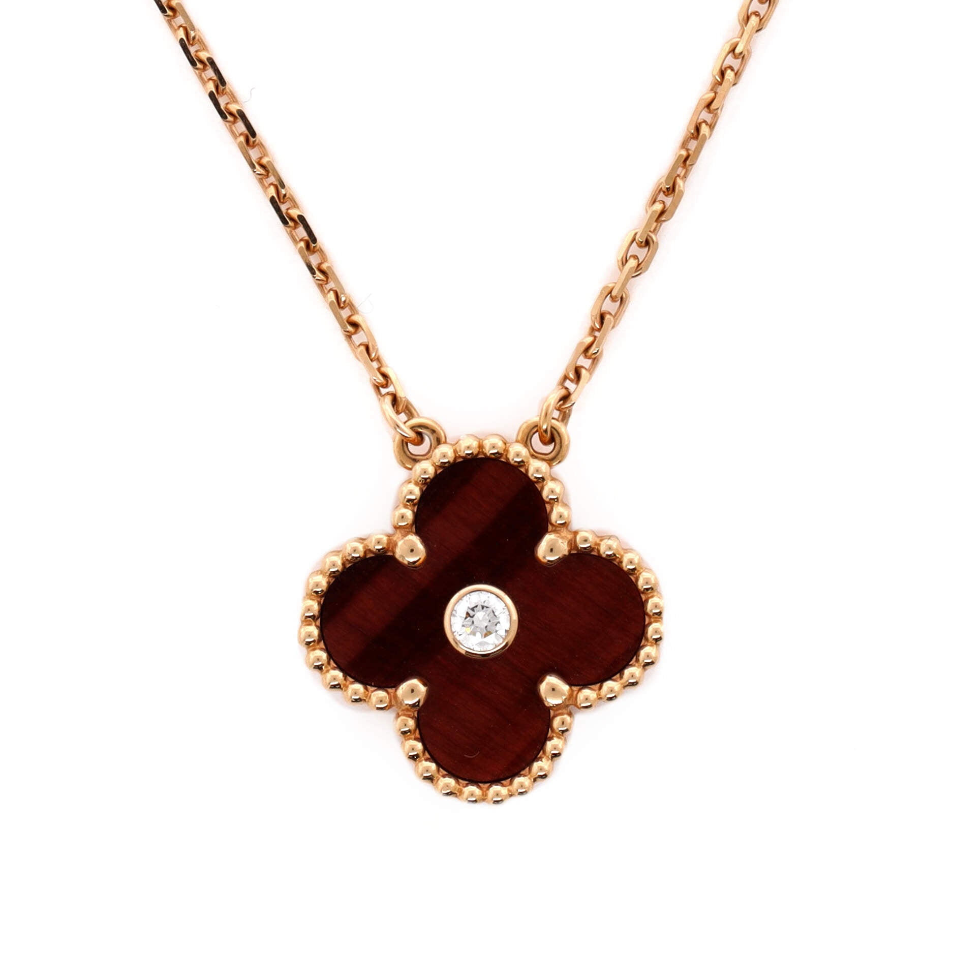 Vintage Alhambra Pendant Necklace 18K Rose Gold and Tiger Eye with Diamond