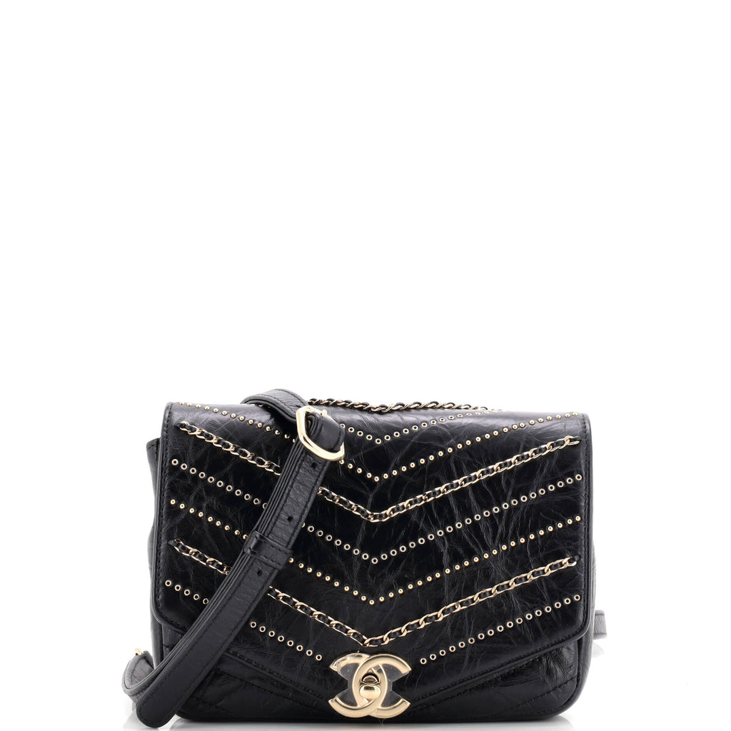 Envelope Square Chain Flap Bag Chevron Embellished Calfskin Mini
