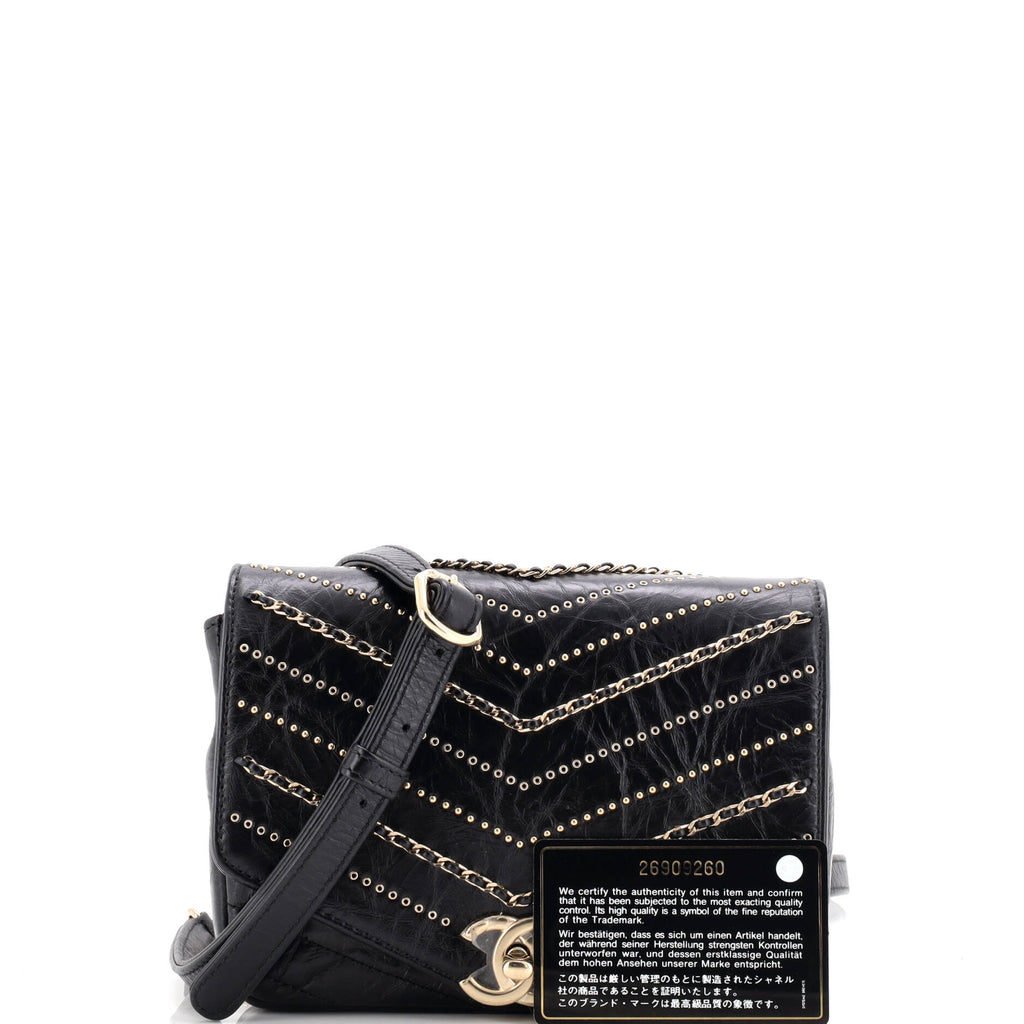 Envelope Square Chain Flap Bag Chevron Embellished Calfskin Mini