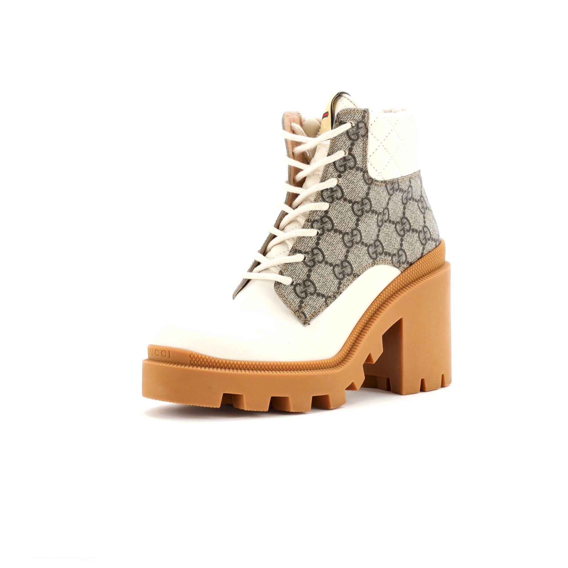 Women's Lace Up Heeled Ankle Boots GG Coated Canvas with Quilted Leather