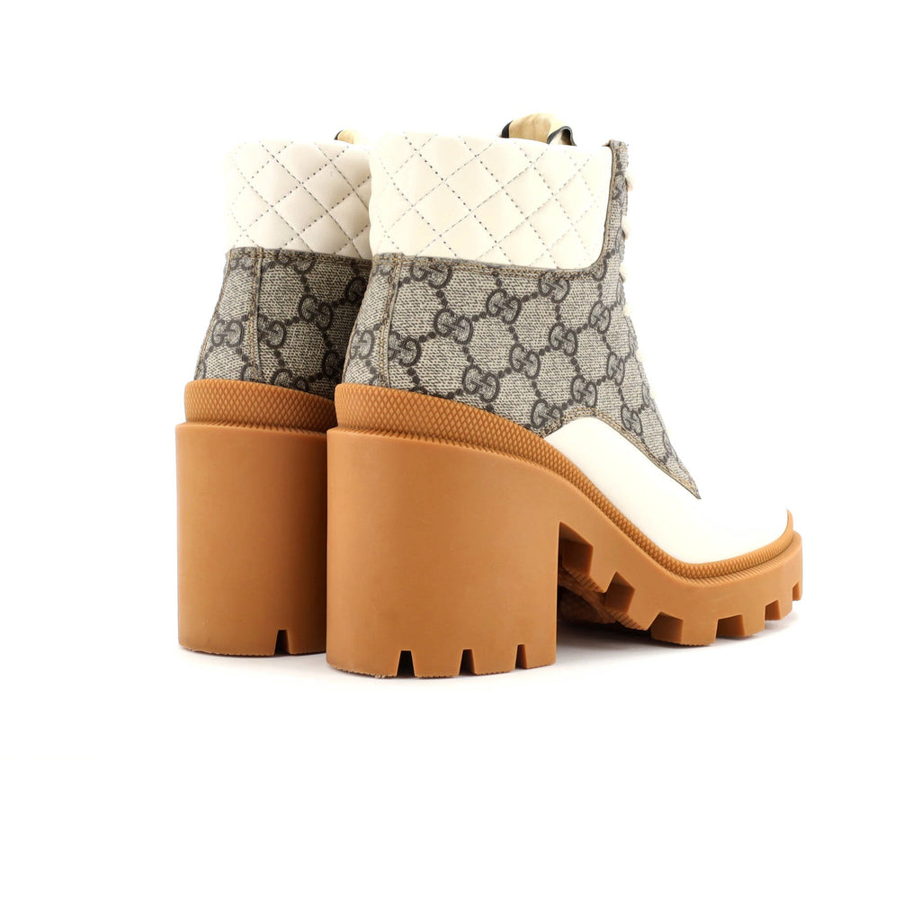 Women's Lace Up Heeled Ankle Boots GG Coated Canvas with Quilted Leather