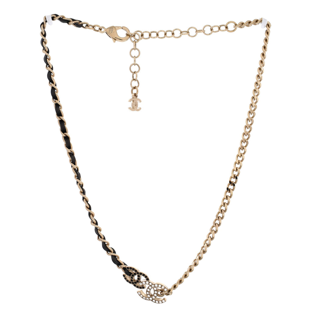 Double CC Chain Choker Necklace Metal with Leather and Crystals