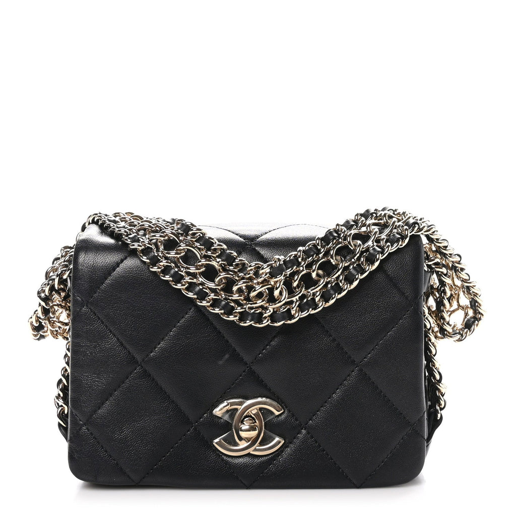 Lambskin Quilted Mini Chain Rows Flap Black