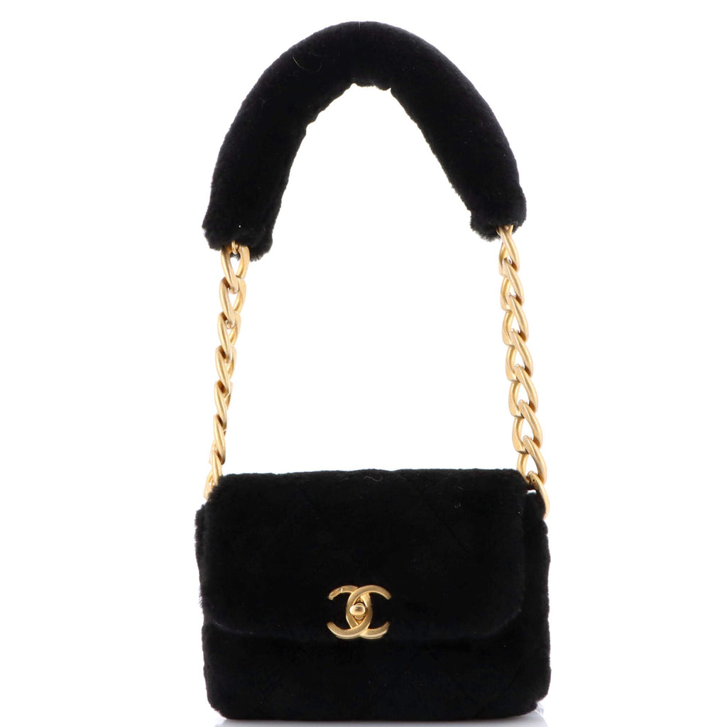 CC Bar Chain Handle Flap Bag Quilted Shearling Small