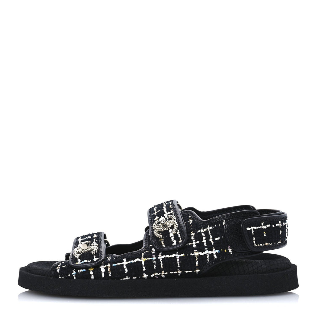 Tweed Lambskin Dad Sandals 39 Black Multicolor