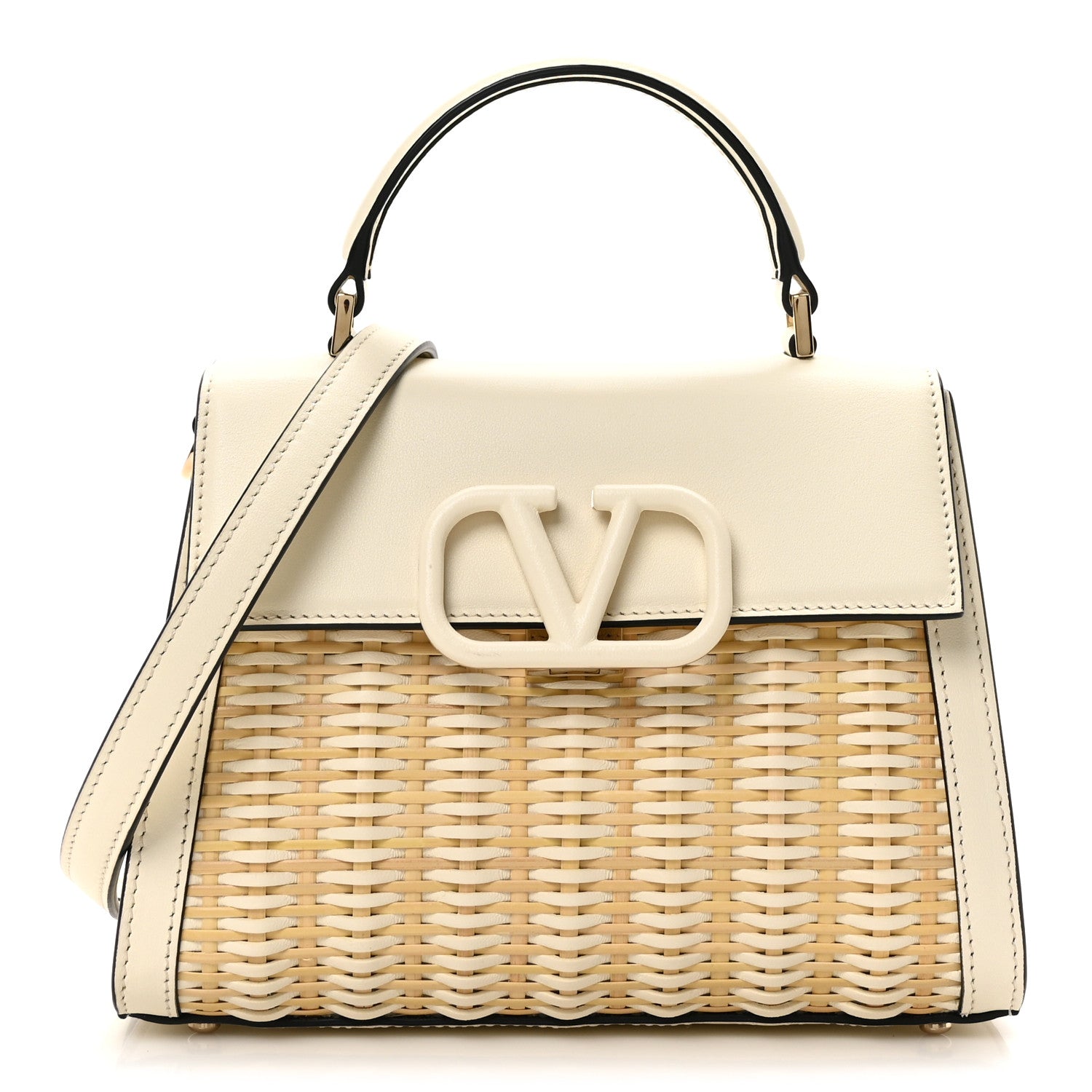 Wicker Calfskin Small VSling Top Handle Bag Natural White