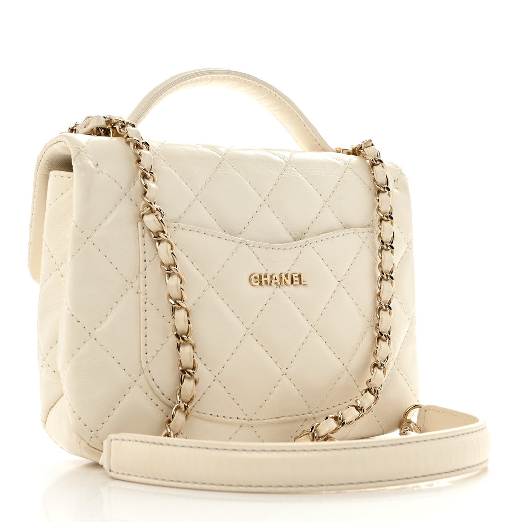 Shiny Crumpled Calfskin Quilted Top Handle Flap White