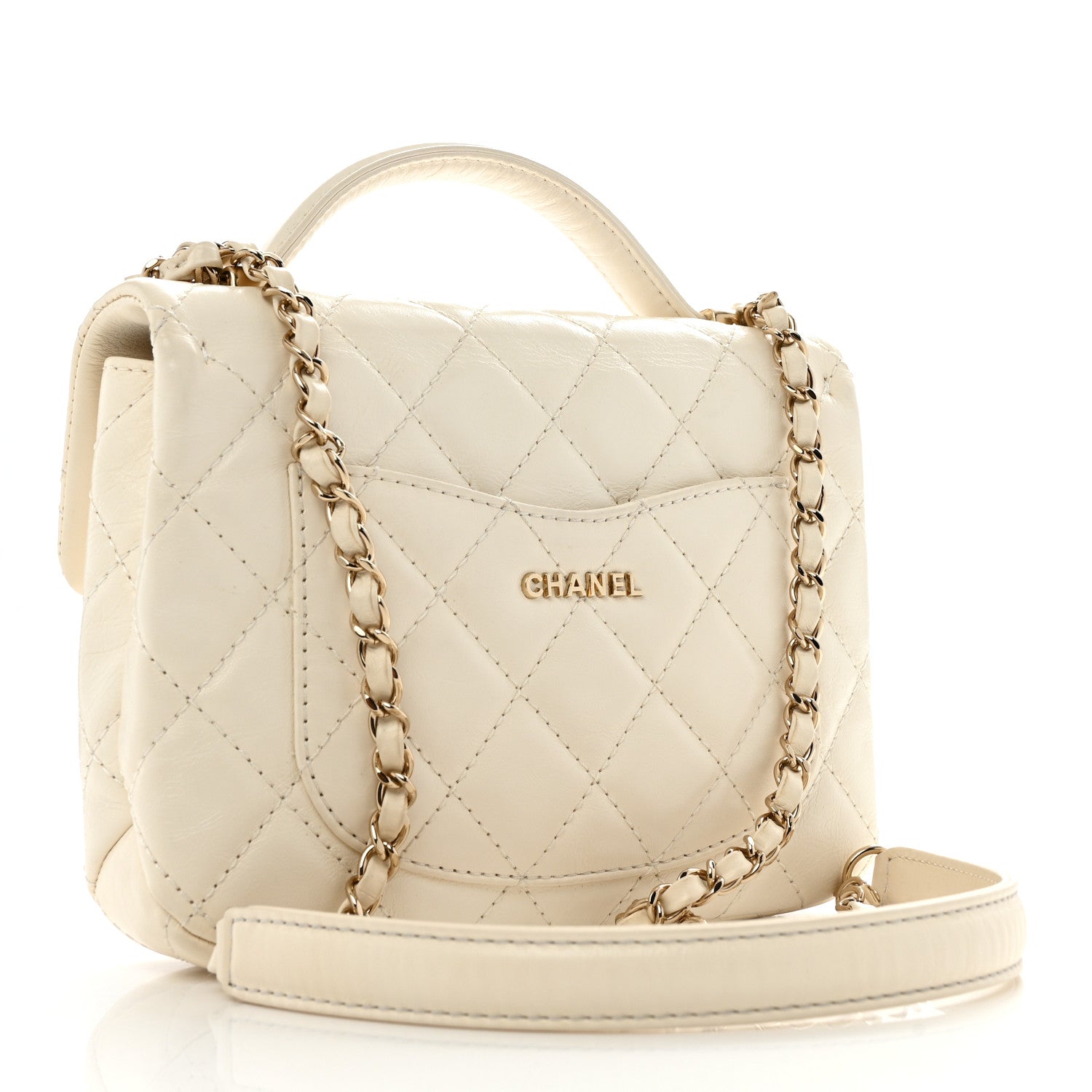Shiny Crumpled Calfskin Quilted Top Handle Flap White
